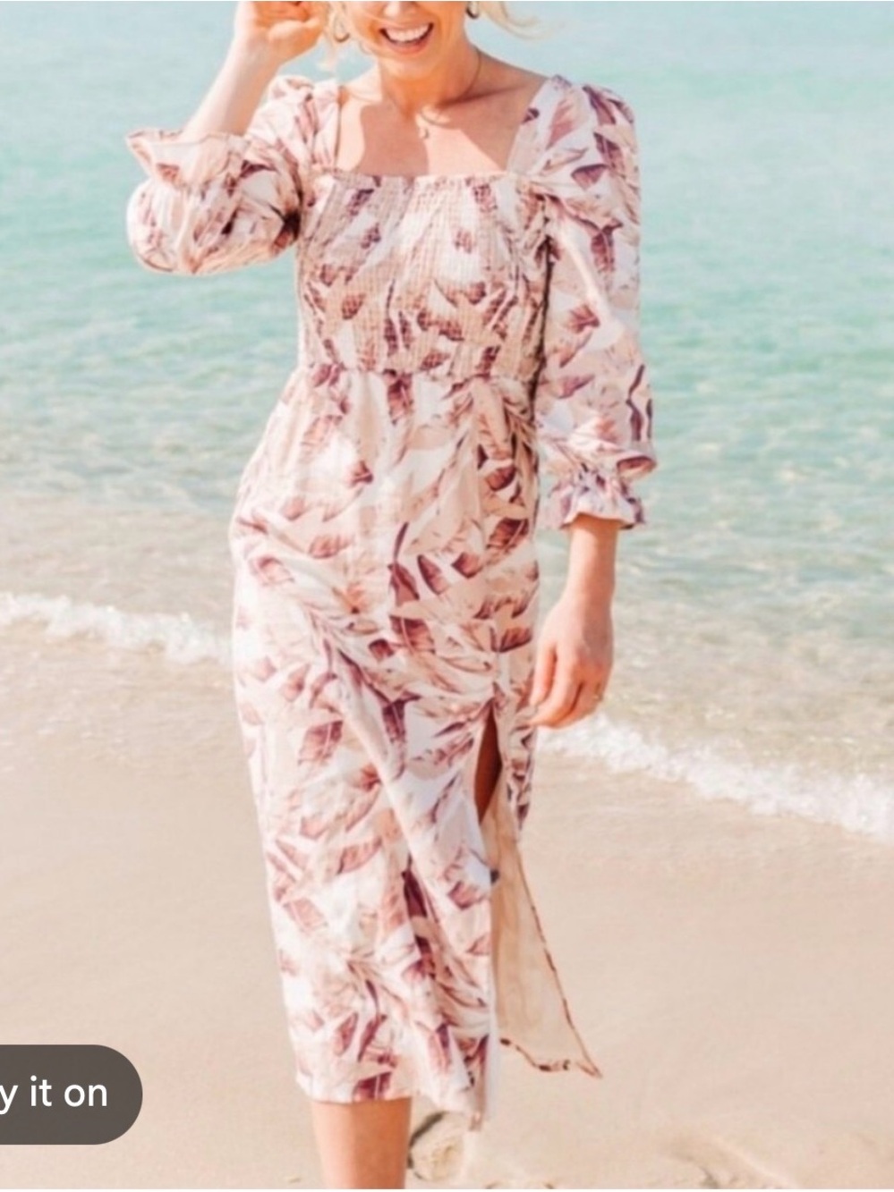 House of Harlow 1960 Linen Smocked Midi Dress in a Pink and Purple Tropical Palm